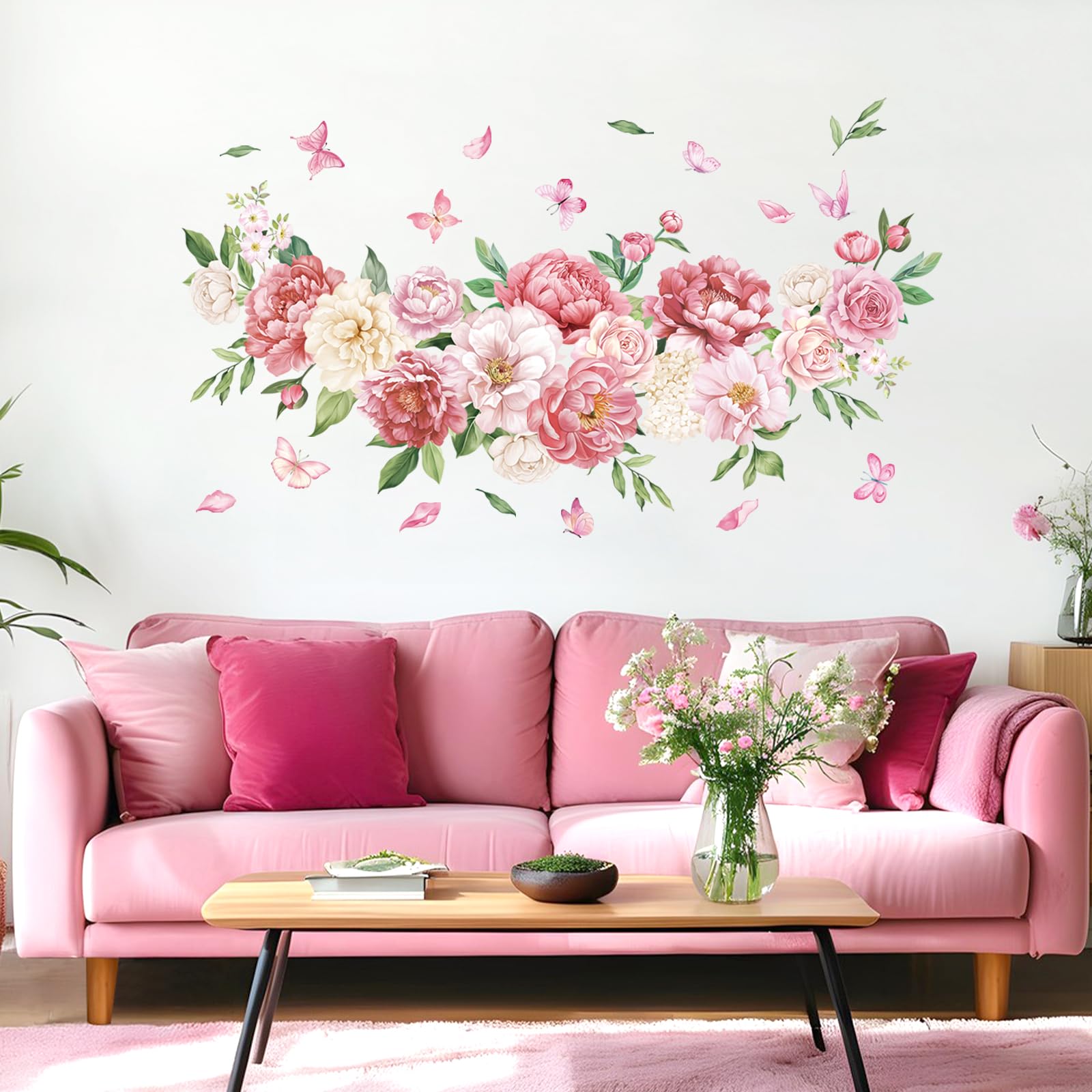 FUFUQUARE Pink Peony Flower Wall Stickers, Spring Floral Butterfly Decorative Wall Art Decals Peel and Stick for Girls Baby Bedroom Living Room