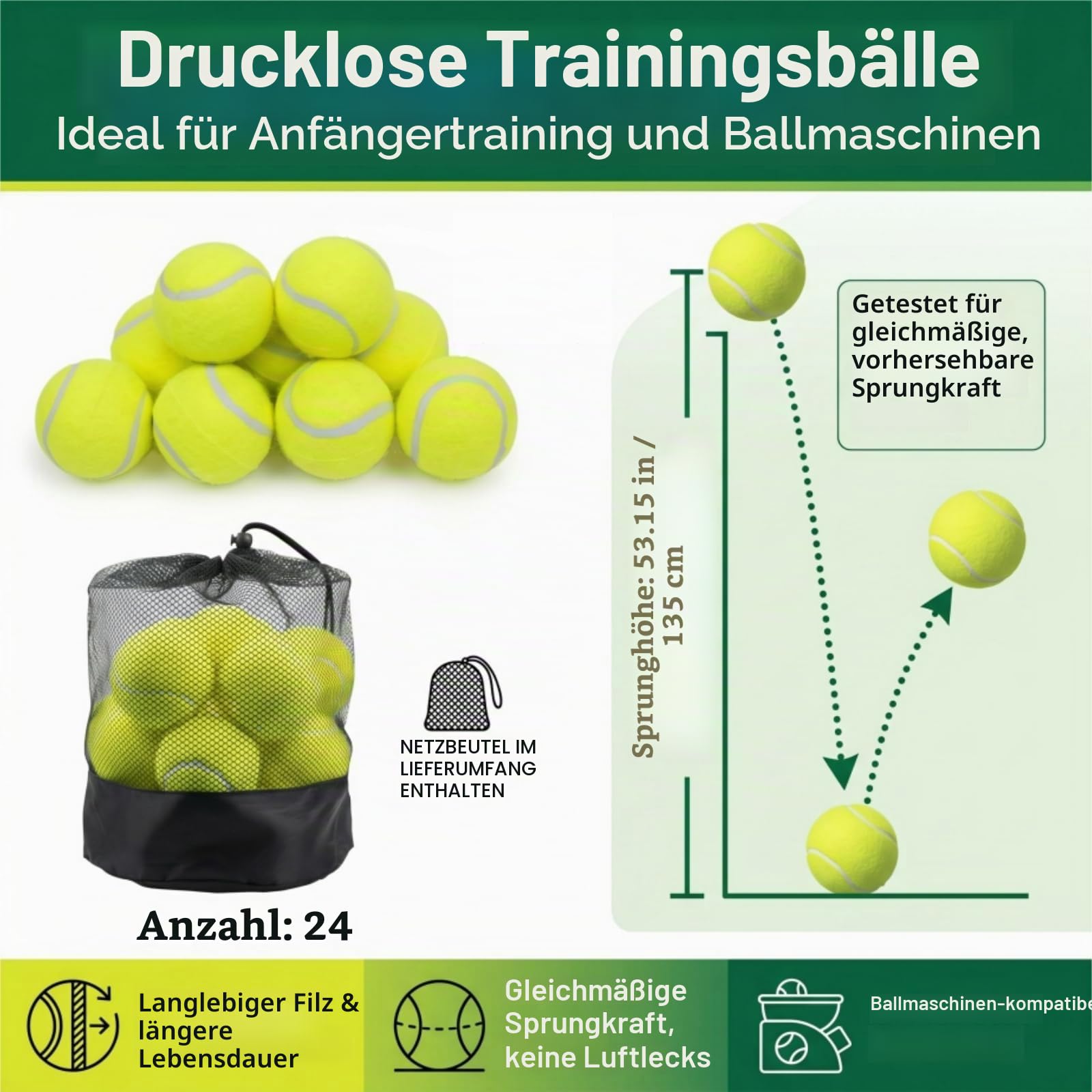 Tebery 20 Pack Green Advanced Training Tennis Balls Beginner Practice Ball, Pet Dog Playing Balls, Come with Mesh Bag for Easy Transport