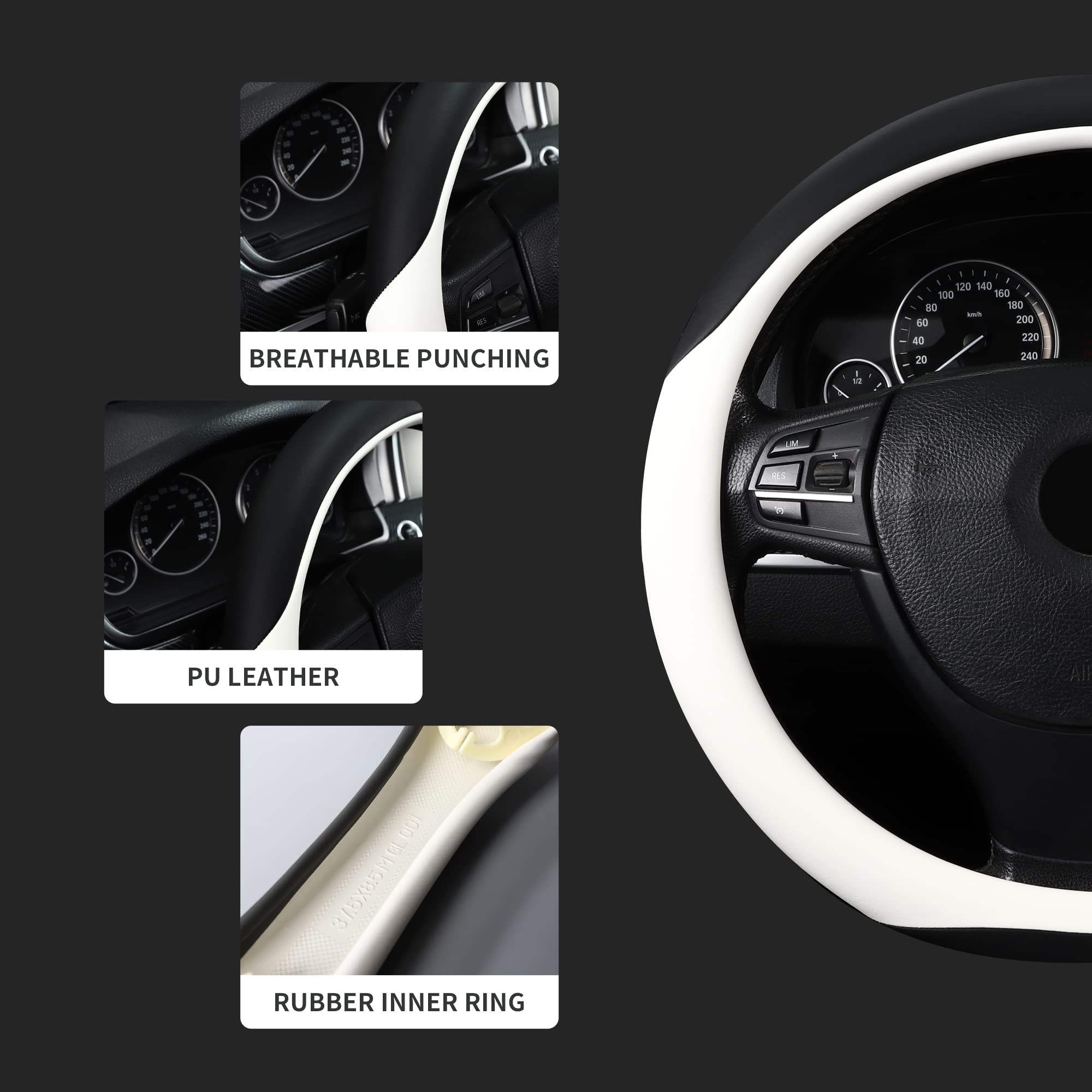 Coprivolante universale in pelle in microfibra da 38,1 cm, elastico, antiscivolo, traspirante e inodore, nero e bianco