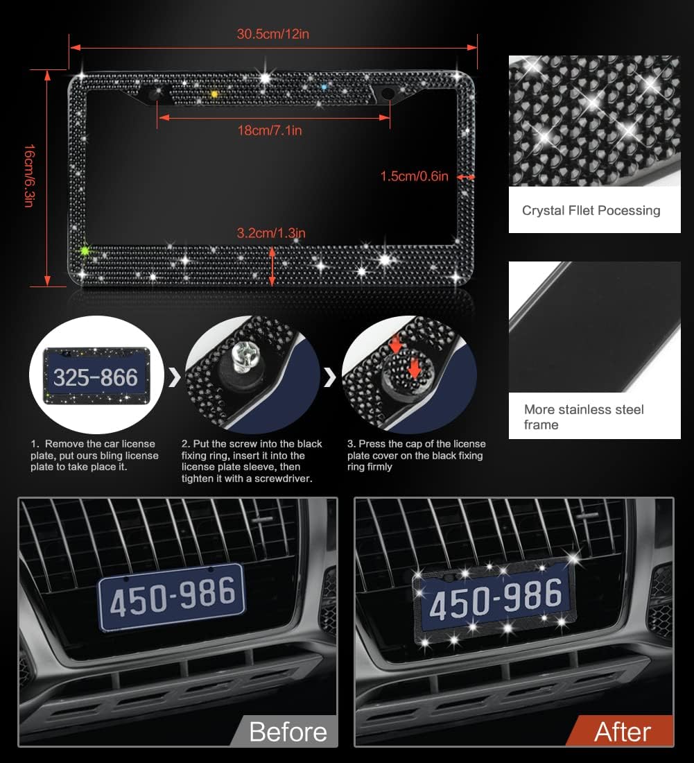 Diamond Leather Steering Wheel Cover for Women, Universal Fit 15 Inch, 2 Glitter Rhinestone License Plate Frames, Crystal Hooks, Bling Car Phone Holder Mount, 15 Premium Car Accessories Set for Women - Image 3