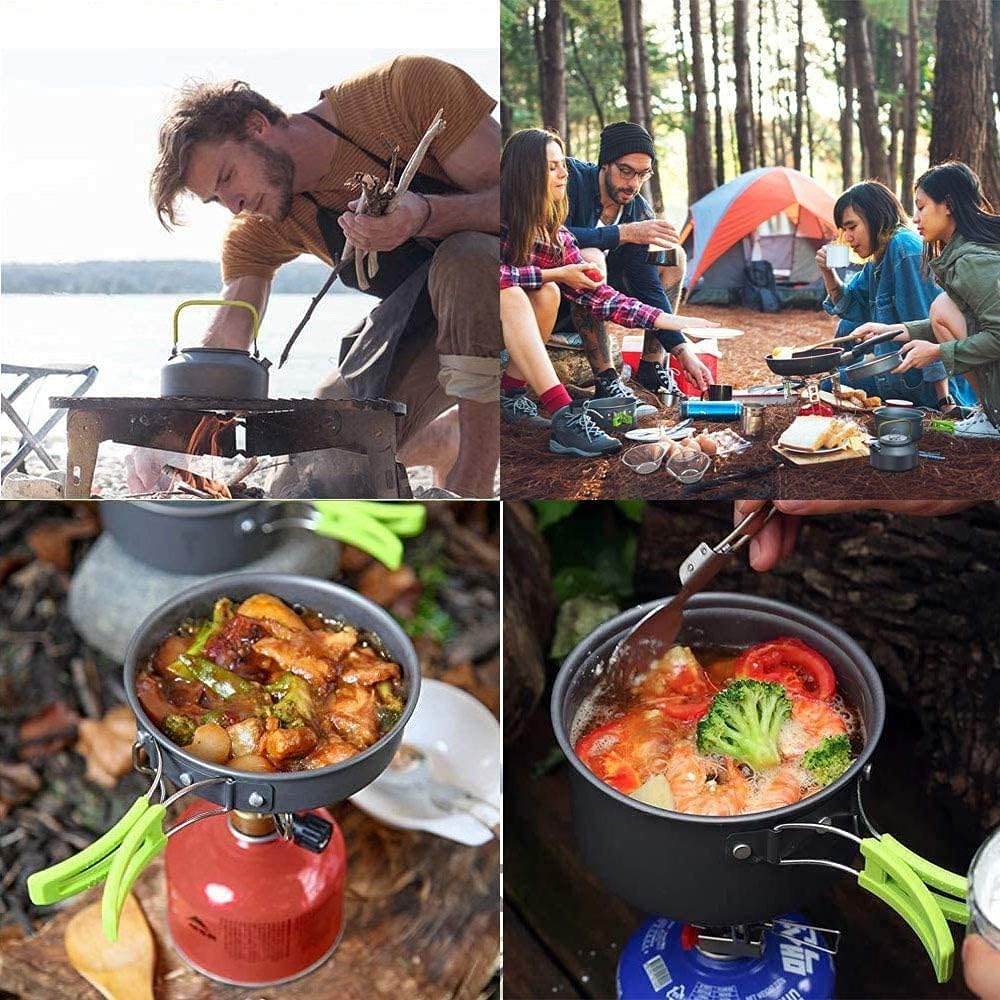 14PCS Kit de Utensilios Cocina Camping,Camping Kit de Portátil y Liviano Acero Inoxidable Cocina Camping Ollas y Sartenes para Acampada,Excursión,Escalada,Senderismo