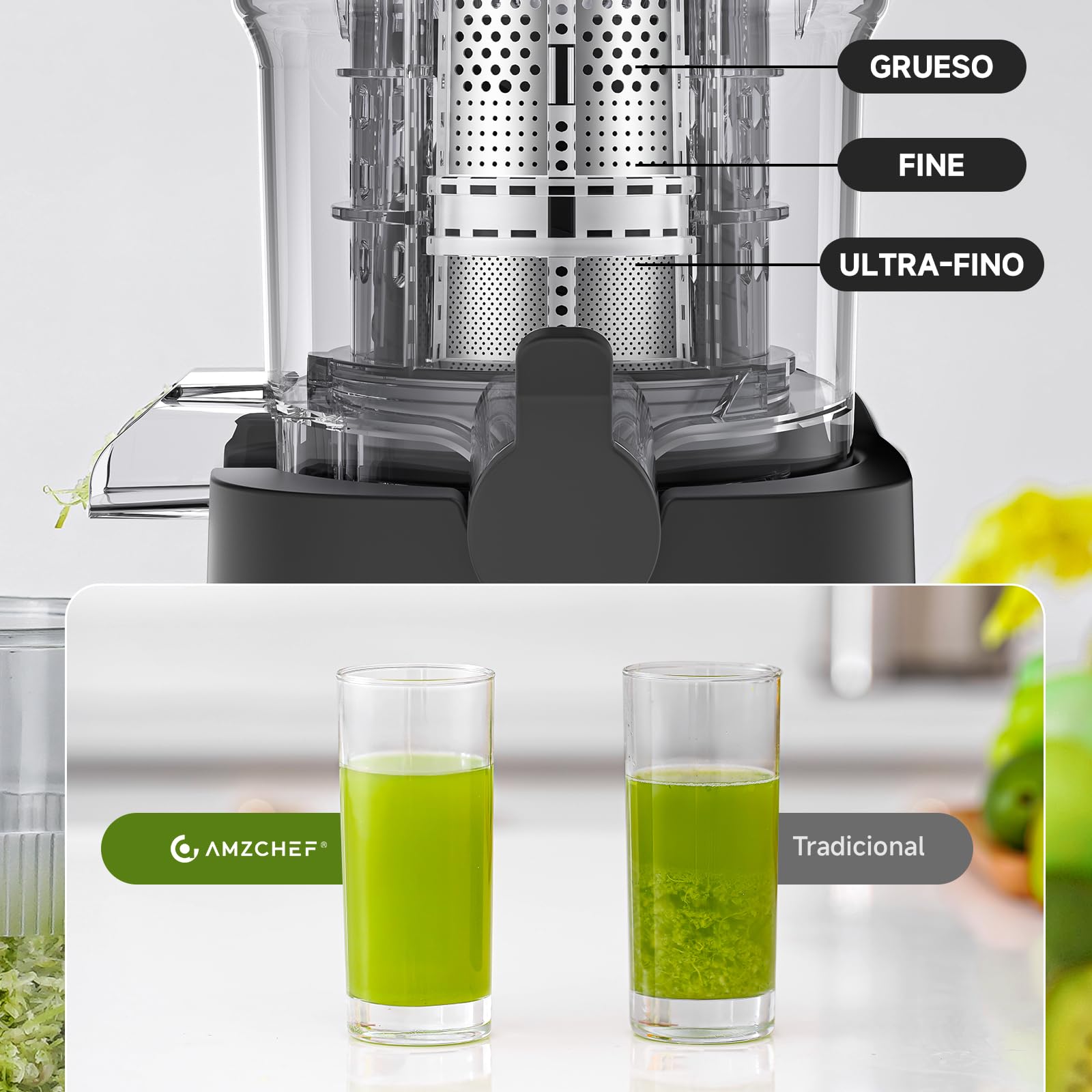 AMZCHEF Extractor de Zumos Prensado en Frío con Boca Ancha de 135 mm | Frutas y verduras enteras, 2 filtros para bebidas vegetales y sorbetes, 2 L, acero inoxidable plateado y fácil limpieza