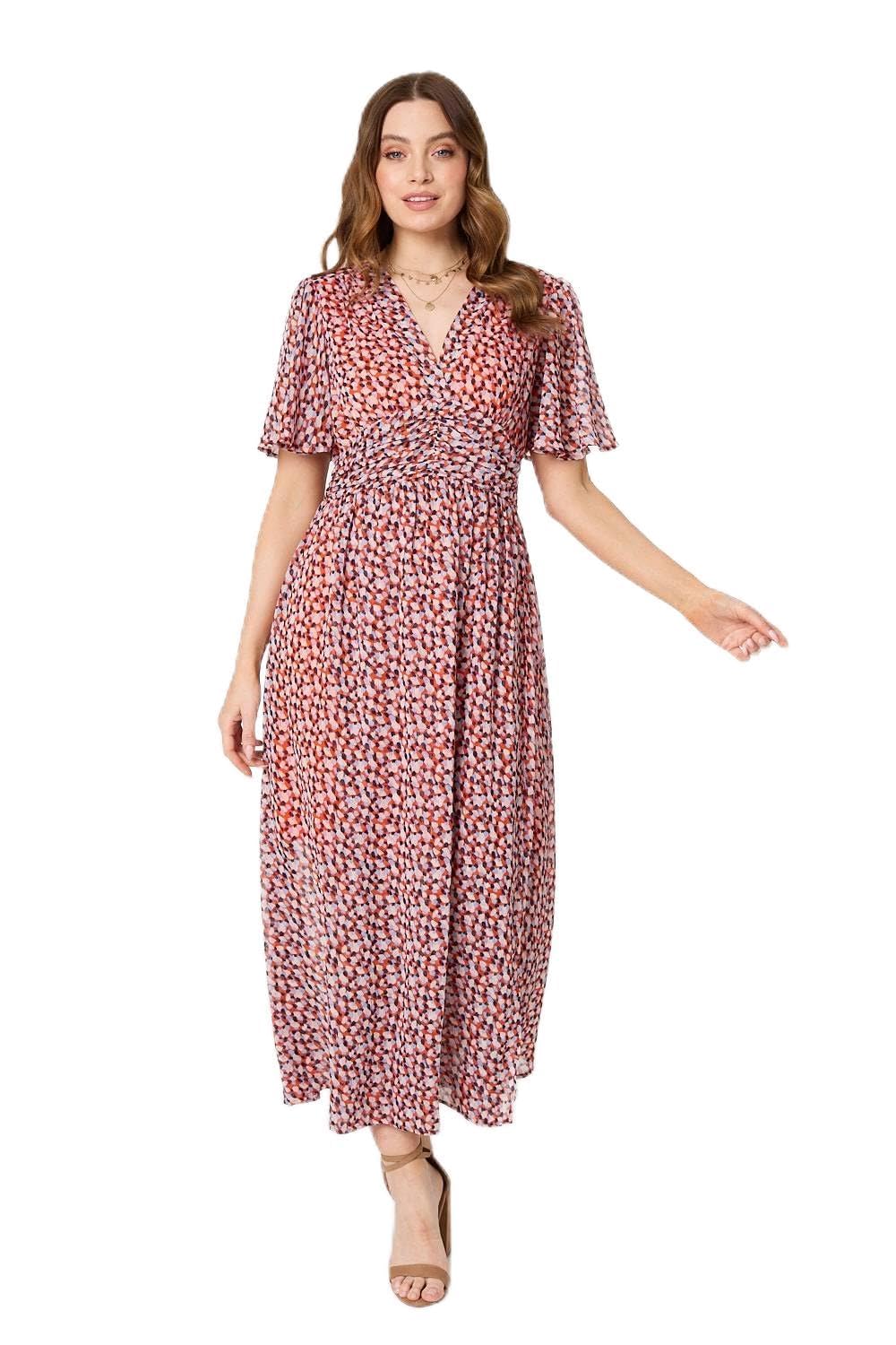 Izabel London Women's Orange Printed 1/2 Sleeve Ruched Midi Dress In | Size: 10