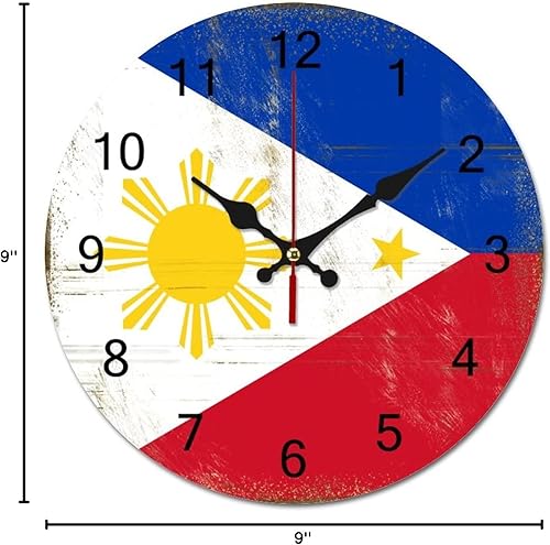 Miniatura 7 de Reloj de pared de la bandera de Filipinas con decoración patriótica de 9 pulgadas, funciona con pilas, silencioso, sin tictac, para colgar,