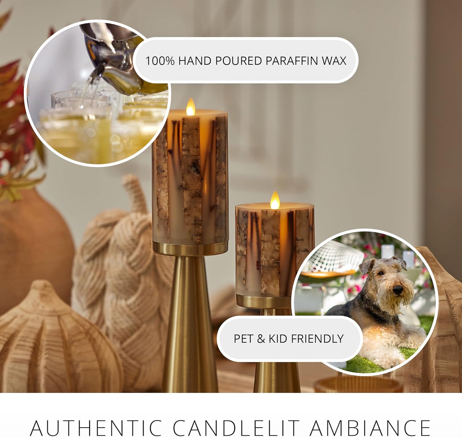 Luminara Embedded Birch Twigs Flameless LED Candle, 3.5" x 6.5", Moving Flame Real Wax Unscented, Battery Operated, Decorative Home Lighting Safe