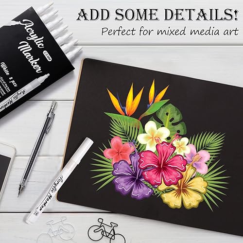 Miniatura 3 de Rotuladores blancos, paquete de 8 bolígrafos de pintura, marcadores permanentes blancos acrílicos de punta fina para bocetos, dibujos, madera,