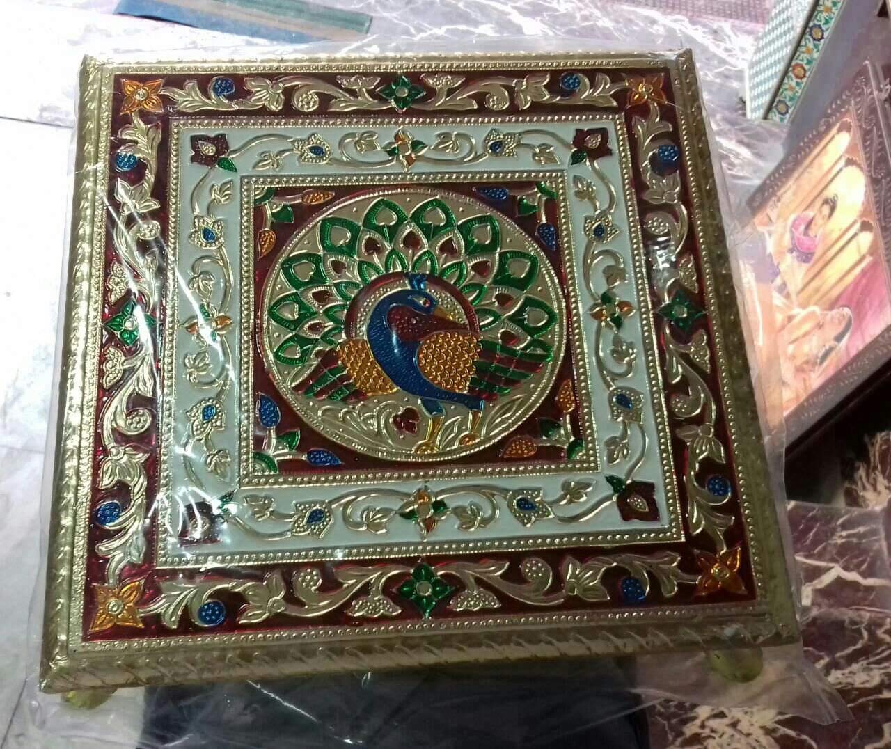 Trendy Crafts® Wooden Royal Meenakari Work Decorative Pooja Chowki Peacock Design (8 X 8 INCHES)