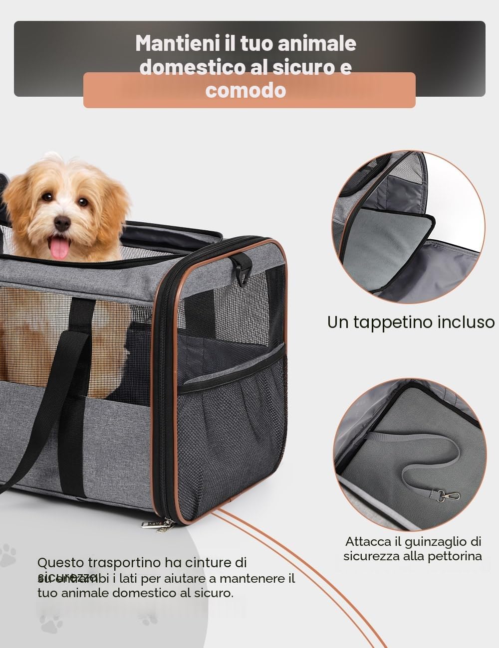 Trasportino per cani e gatti, con ruote, per il trasporto, per auto, con manico telescopico e tracolla, grigio