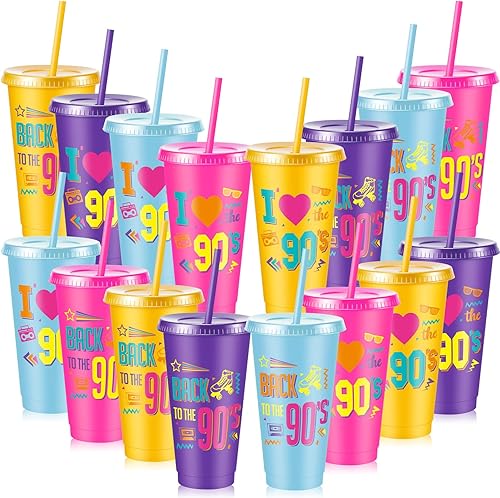 Uiifan 16 piezas de decoraciones de fiesta temática de los años 90, regalo de fiesta de regreso a los 90, vasos de plástico de 24 onzas con tapa y