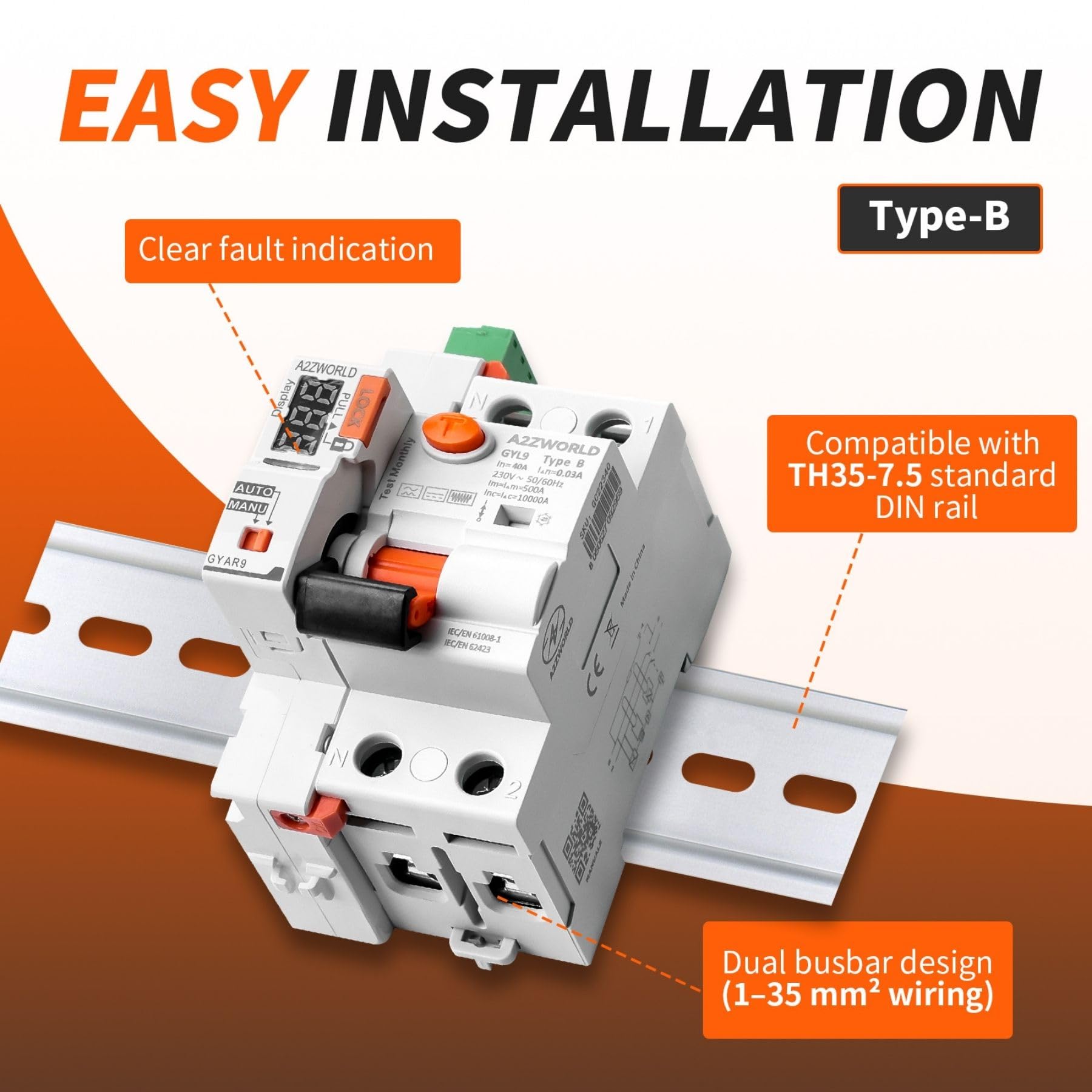Interruptor diferencial tipo B Rearme automático 40A, RCCB salvavidas Clase B rearmable, 1P+N 10kA 300mA/0,3A, 3 módulos DIN, 3 intentos (10s/60s/300s)