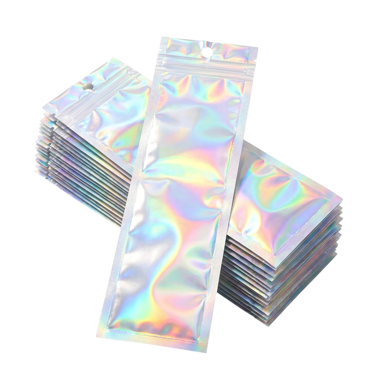 100 Pcs Resealable Holographic Foil Pouch Bags 2.4 x 9 Inch Zipper Storage Bags for Pens Jewelry Cosmetics Small Business Supplies Gift Packaging