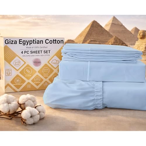 MyGiza Sheets,100% Certified Giza Egyptian Cotton Sheets-Full Size Giza Cotton Sheets Set to Fit Upto 15 Inches Deep Mattress (4 Pcs) Sky Blue