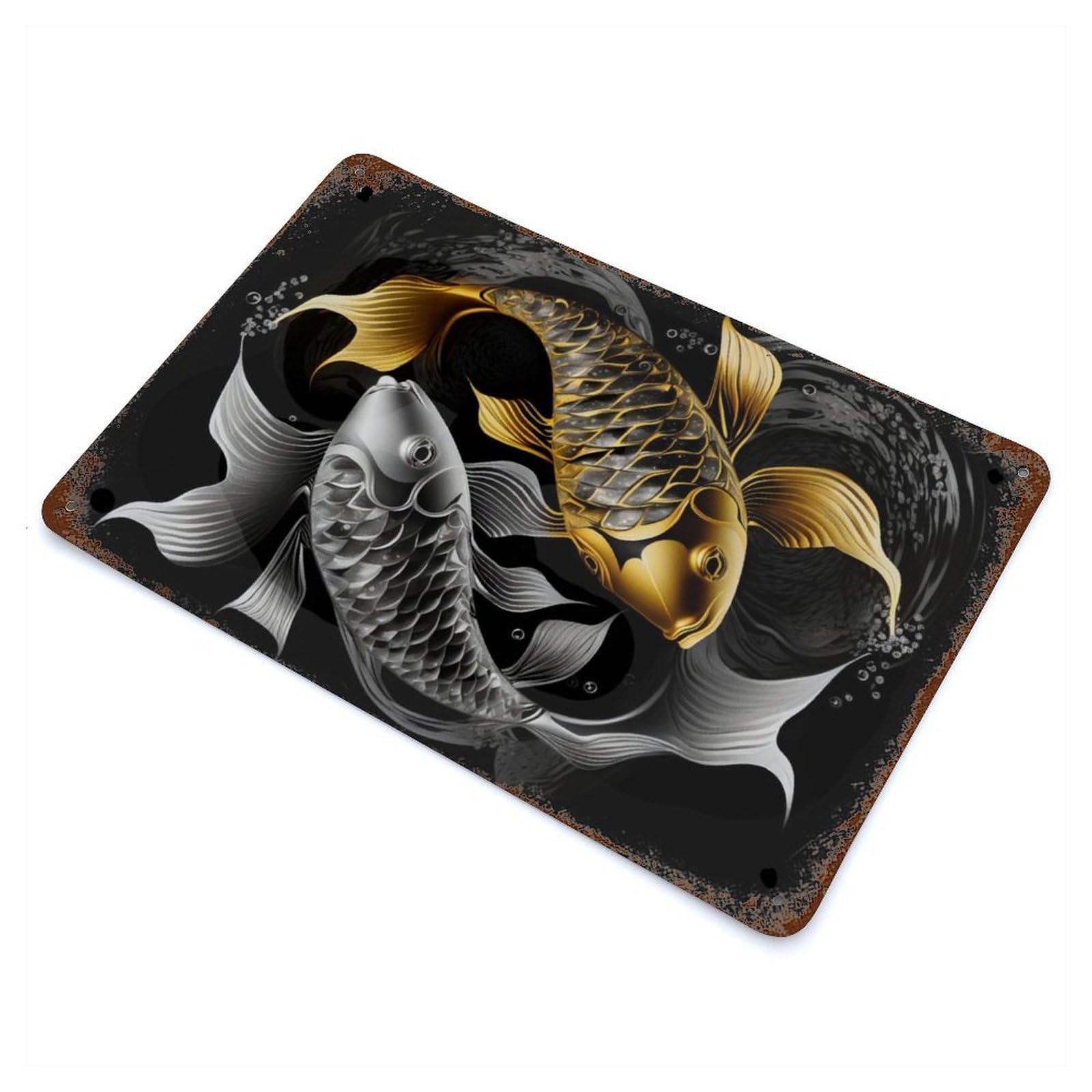 Koi Fish Silver Gold Rust Effect Tin Sign 11.8"x7.9", Novelty Wall Decor for Garage, Pub Or Kitchen