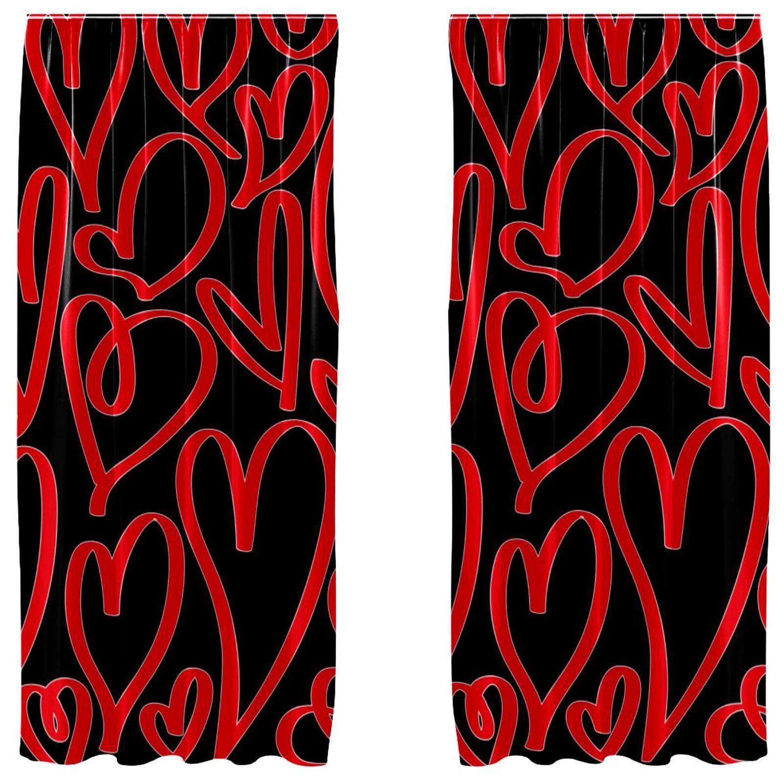 Cortinas de corazones negros y rojos de 55x84 pulgadas en pack de 2 paneles para el salón