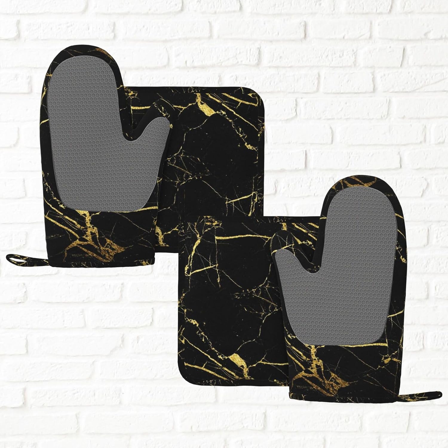 Marble Gold Black Oven Mitts and Pot Holders Sets of 4, Heat Resistant Silicone Oven Mittens and Potholders Gloves Hot Pads for Kitchen Cooking Baking Grilling BBQ Chef - Image 6