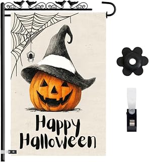 Happy Halloween Garden Flag 12x18 Double Sided – Burlap Yard Flag with Pumpkin Wearing Hat and Spider Web for Outdoor Fall Halloween Decor