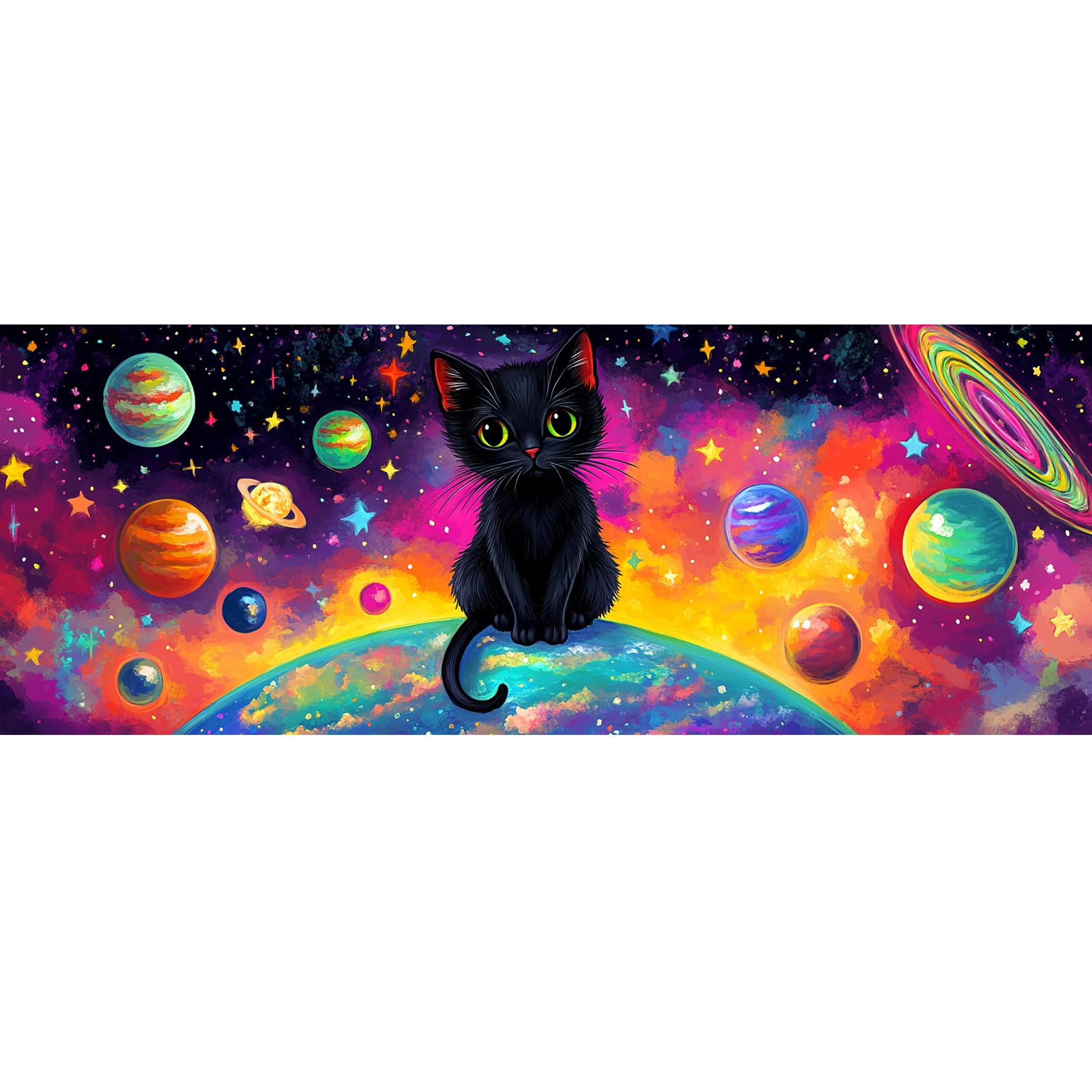 Bimkole Planet Paint by Number for Adults, DIY Oil Painting Kit Cat Universe on Canvas with Paintbrushes and Acrylic Pigment, for Paint by Numbers for Beginner, for Home Wall Decor 31.5x11.81 Inch