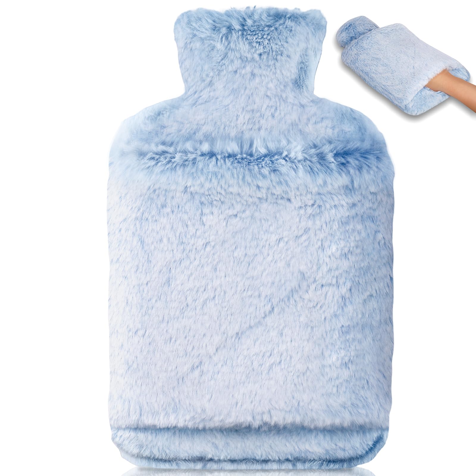 BOLEi Wärmflasche mit Weichem Bezug –Auslaufsicher 2L Groß Wärmflaschen mit Känguru-Tasche,Naturkautschuk +Bettflasche Flauschig (hellblau)