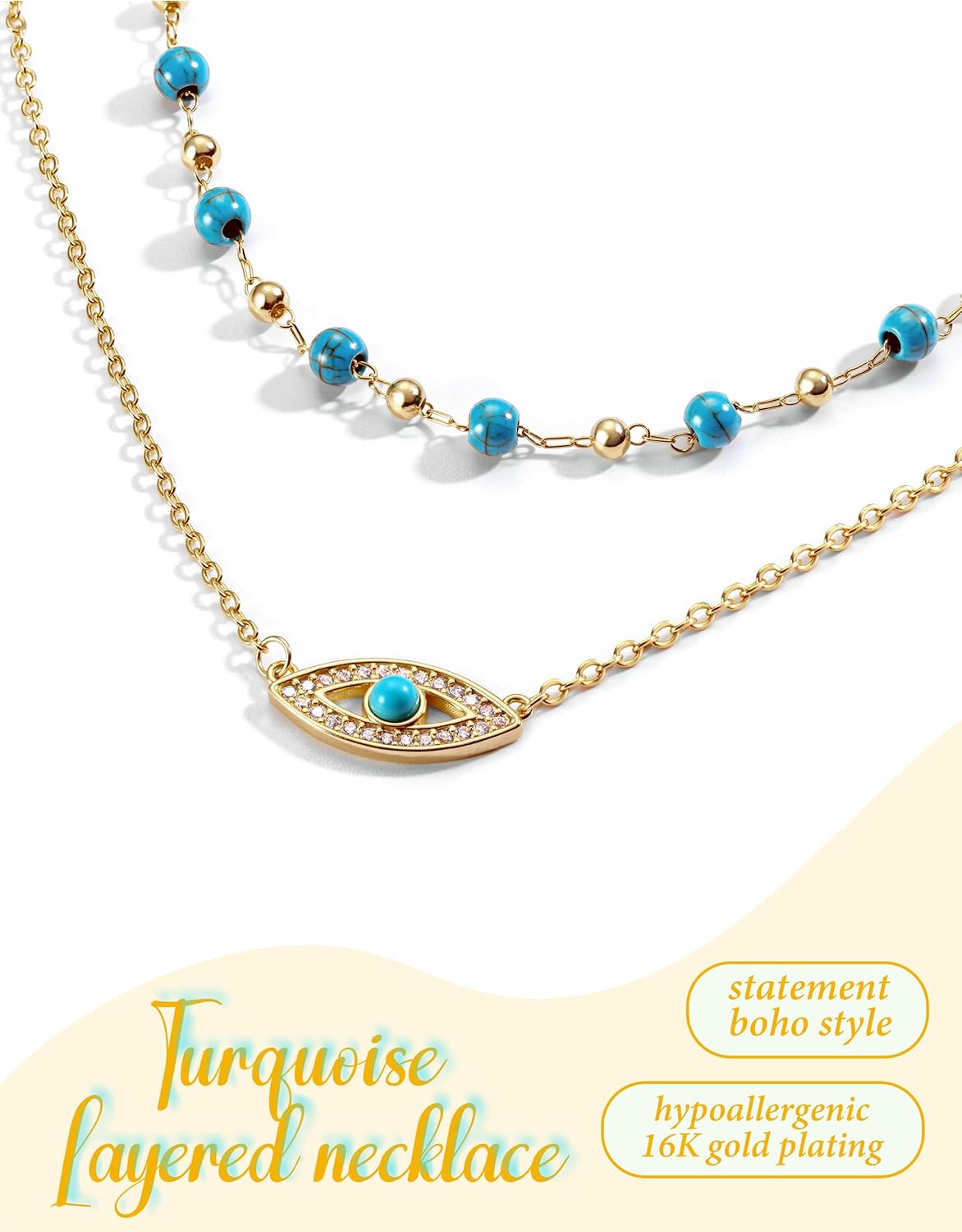 KRFY Turquoise Layered Necklaces for Women Trendy, 16K Plated Gold Necklace for Women, Strand Dainty Beaded Necklace Stack, Pendant Evil Eye Cross Necklaces for Women, Chain Choker Jewelry Non Tarnish - Image 4