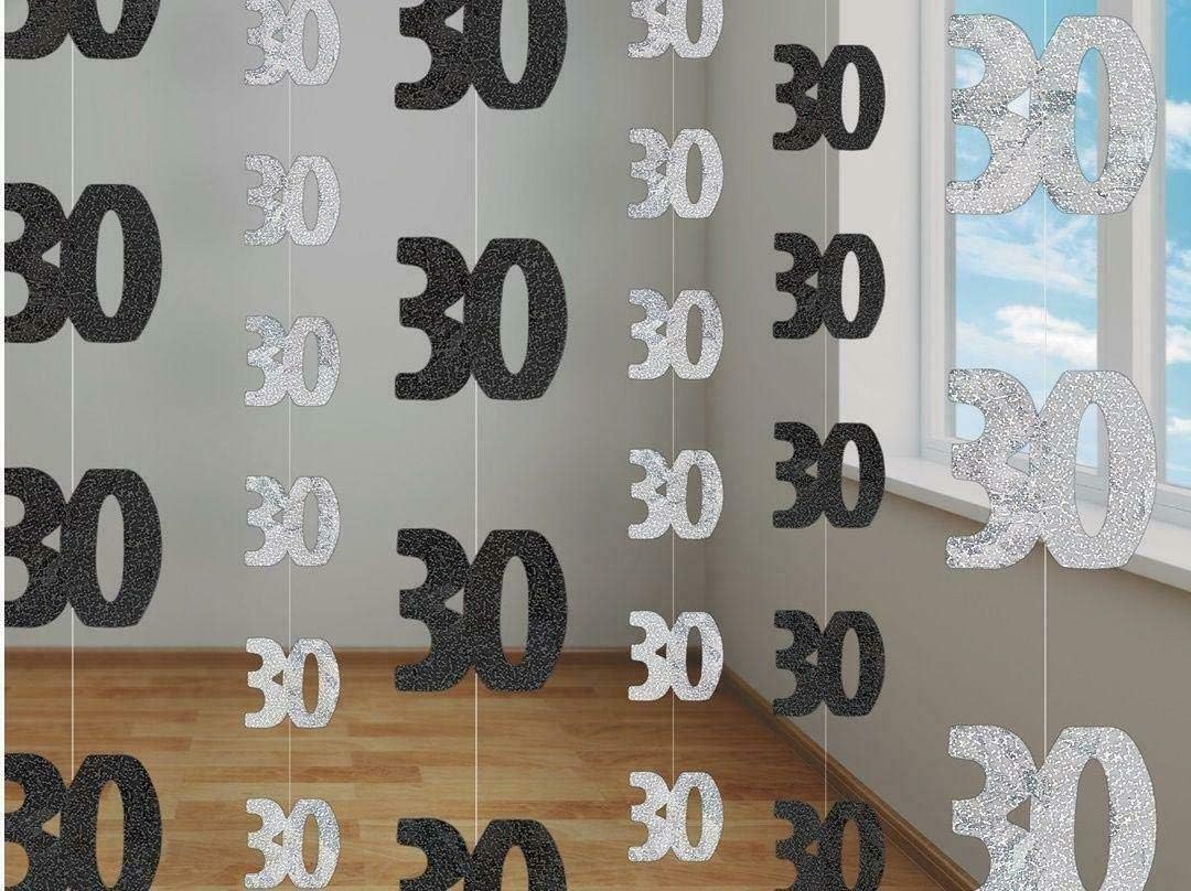 SHATCHI Age 13th-90th Glitz Black and Silver/Pink/Blue Anniversary Birthday Metallic Hanging String Shiny Foil Banner Party Door Wall Decorations Pack of 6