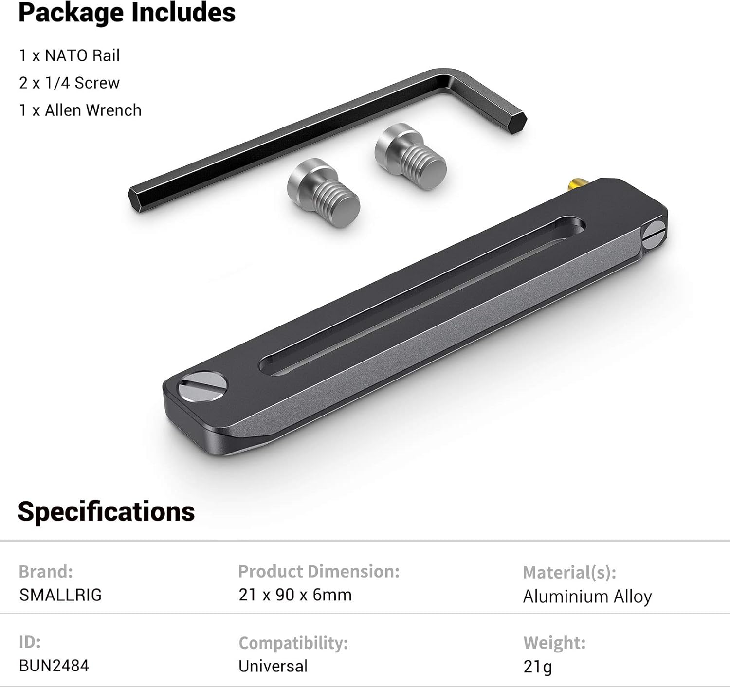 SMALLRIG Universal Low-Profile Quick Release NATO Rail Safety Rail 90mm/3.5inches Long with 1/4'' Screws for NATO Handle Camera Cage EVF Mount – BUN2484 - Image 6