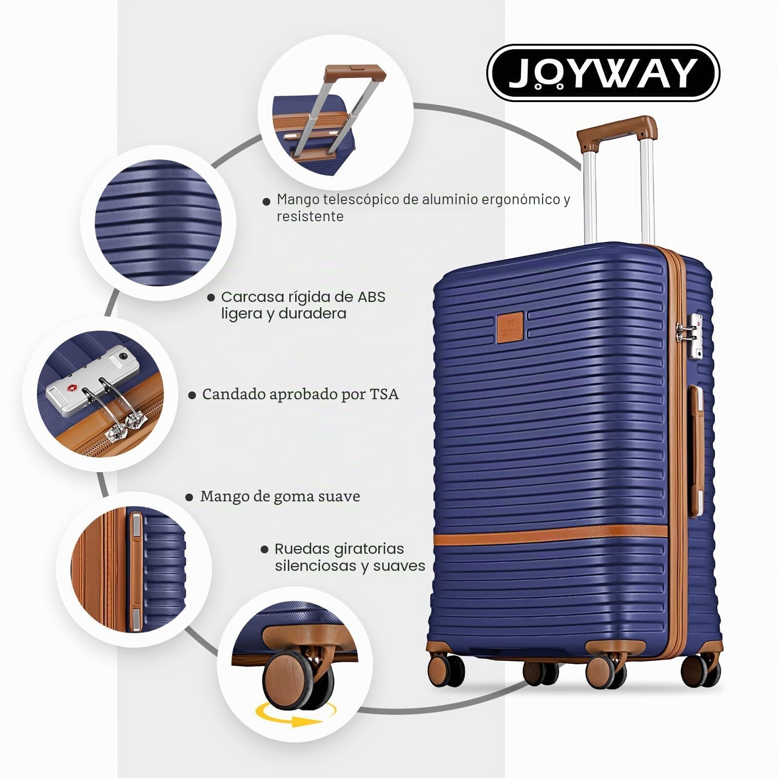 Joyway Juego 5 Maletas ABS, Ruedas 360°, TSA, Bandolera y Bolsa de Viaje | 20% espacio extra, diseño anidable, asa telescópica 3 niveles, cremalleras YKK y compartimentos internos organizados