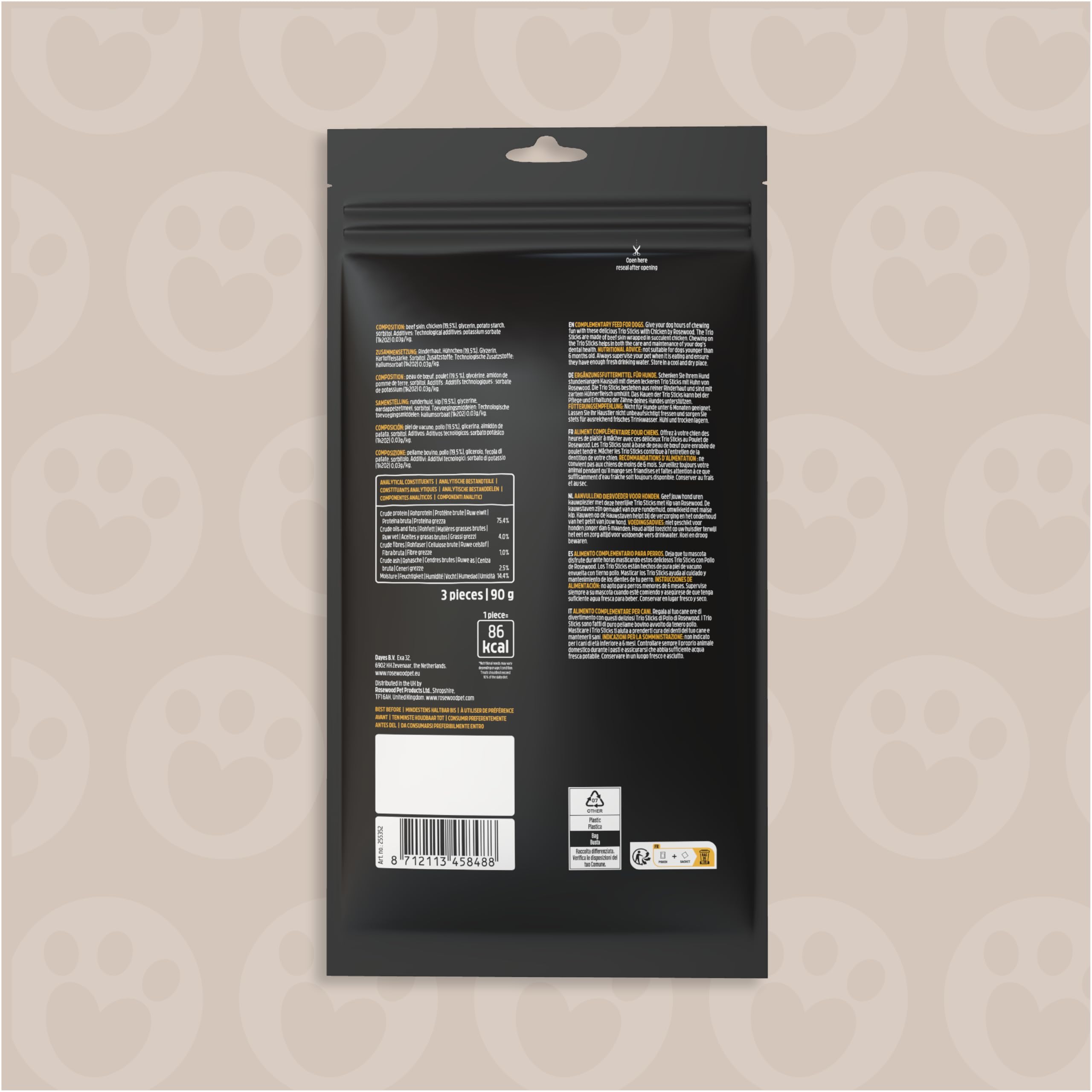 Rosewood Trio Sticks Pollo Petit - Palitos de Masticar firmes para Perros pequeños de Piel de Carne y Pollo, para Cuidado Dental, sin Gluten, Cereales y aditivos Artificiales, Juego de 6 x 100 g