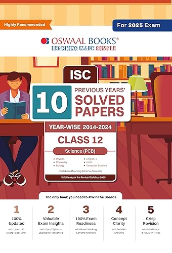 ISC 10 previous years' solved papers year-wise 2014-2024, Class-12, PCB: Physics, Chemistry, Biology, English 1, English 2, Hindi, Computer science (For 2025 Exam)