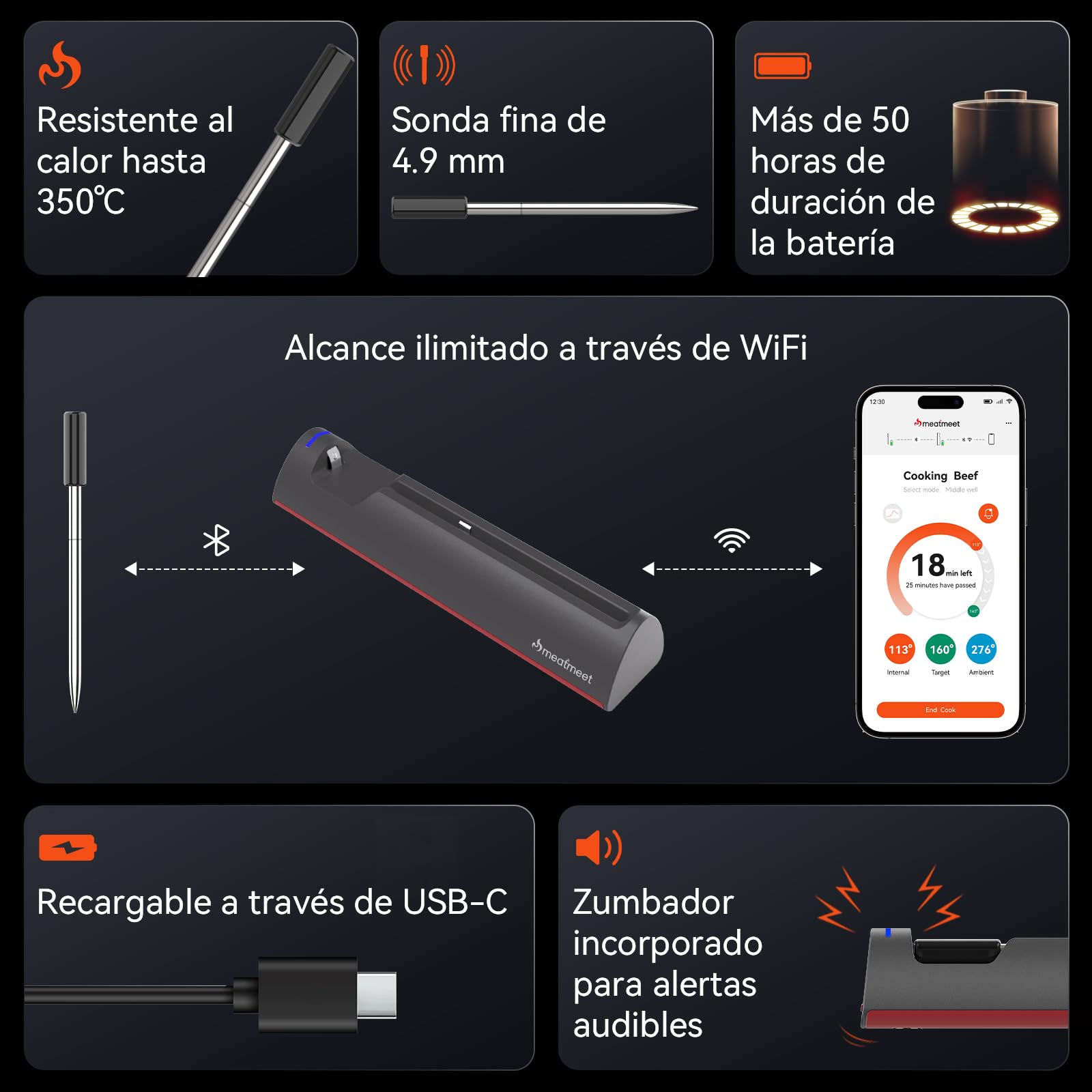 Termómetro para carne Wi-Fi | Sonda inalámbrica de largo alcance para horno, parrilla, freidora de aire, barbacoa | Sensores duales | Impermeabilidad IP67