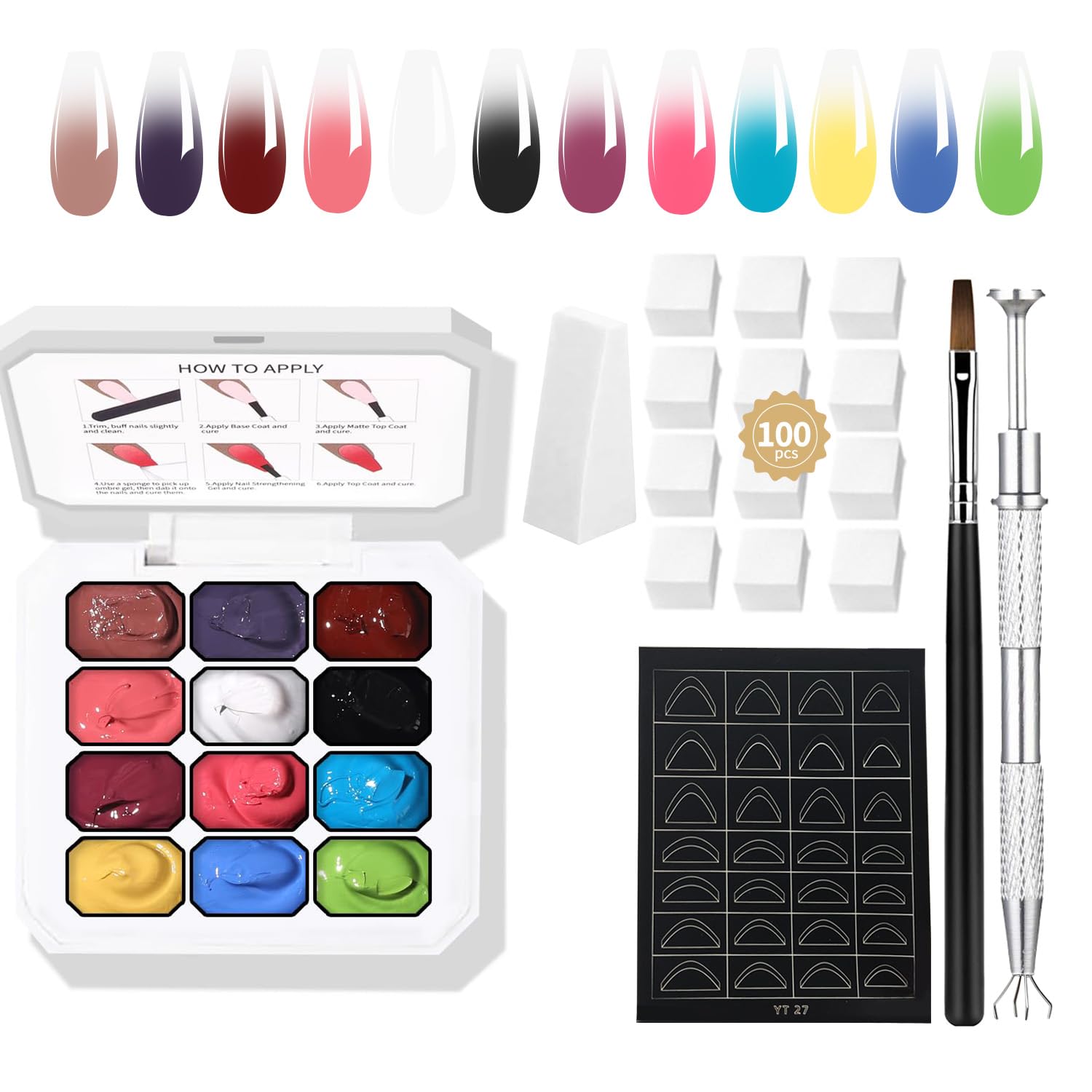 Ombre Gel Nail POLISH Set Nails Gradient Design 12 Colors With 100Pcs Nail Sponges & Grabbing Pen High Color Rendering And Quick Drying Ombre Nails Polish Art Paiting Supplies (c6)