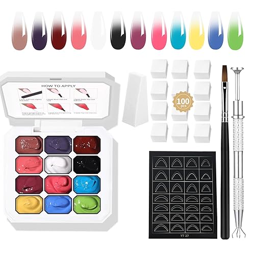 Gel de pintura degradado de color suave, 12 colores, pegamento degradado con 100 esponjas de uñas y bolígrafo de agarre, alta reproducción de color