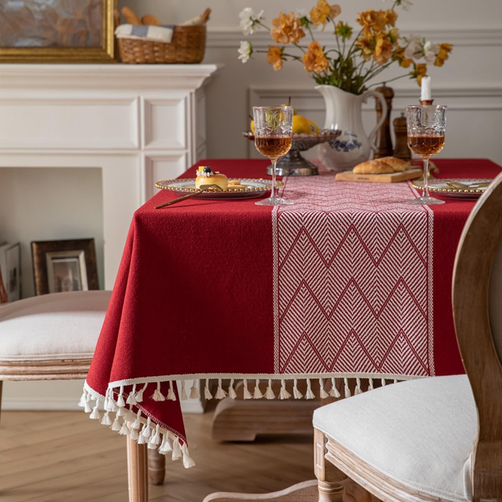 Mantel Mesa Rectangular Antimanchas, 140 x 260 cm, Rojo, Mantel de Algodón Poliéster Impresión de Onda Borlas
