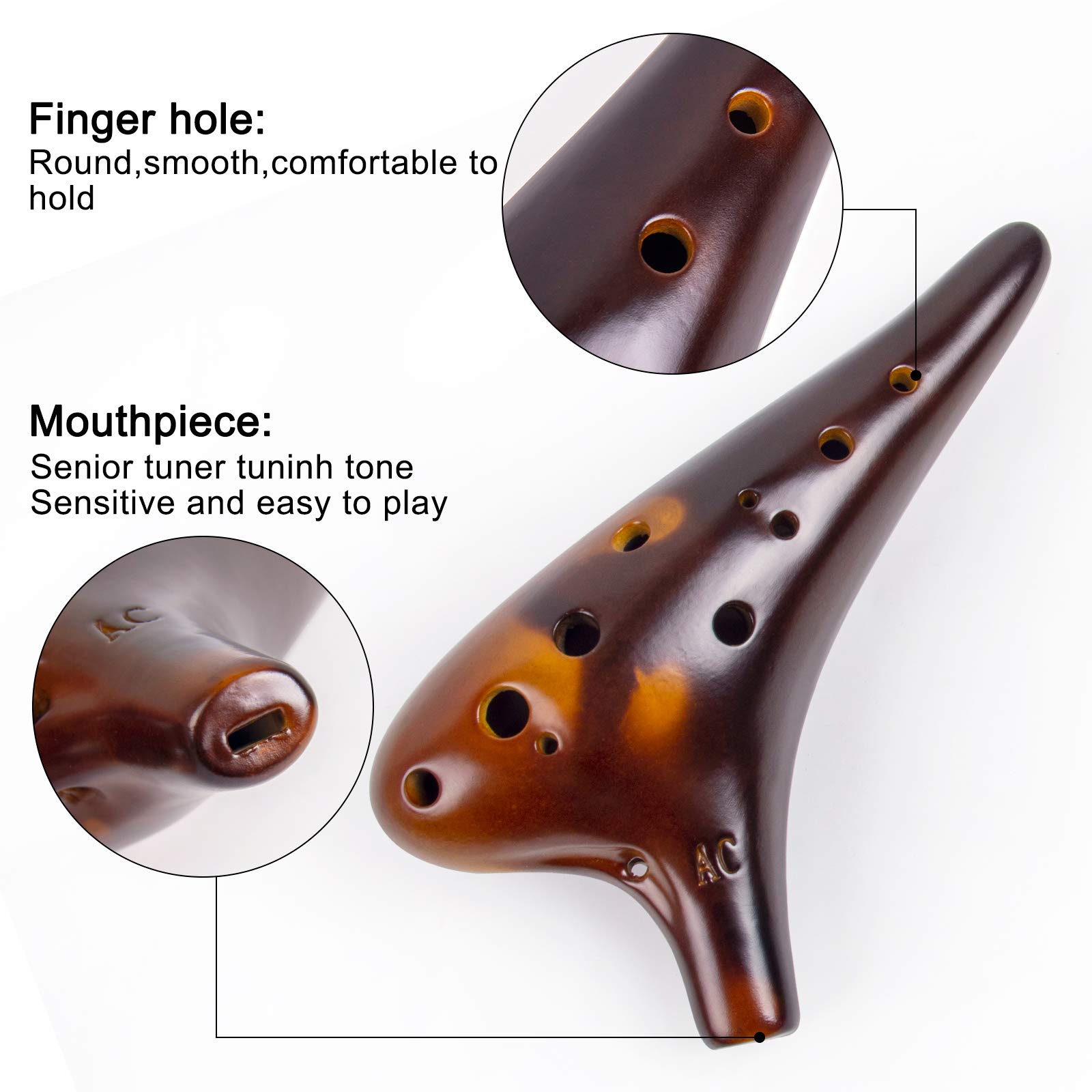 Horse Ocarina 12 trous Alto C Céramique avec sac de transport Sangle pour livre de musique (Marron)