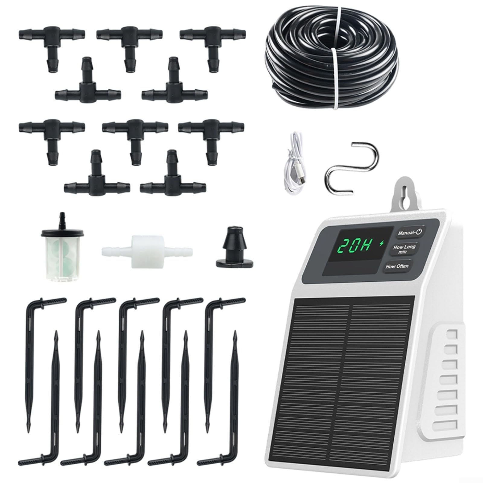 Sistema di irrigazione a goccia solare intelligente con timer, dispositivo di irrigazione automatico 2200 mAh per piante da giardino, tubo da 10 m