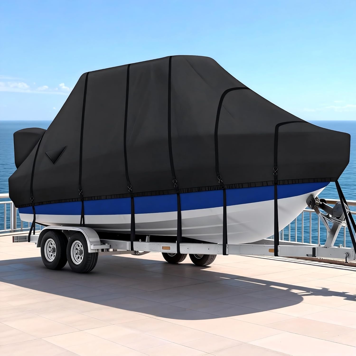 T Top Boat Cover, 1400D Heavy Duty Waterproof Hard Top Boat Cover with Metal Buckles & Motor Cover for Center Console Boat with T TOP Roof, Fits 20'-22'L & 106" W, Black