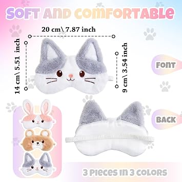 Geyoga 3 Pcs Kids Sleep Mask, Bear,Rabbit,Cat, Colorful | Soft Plush Sleeping Eye Masks for Girls, Cute Animal Shape Blindfold, Adjustable Strap for Travel, Light Blocking Comfort