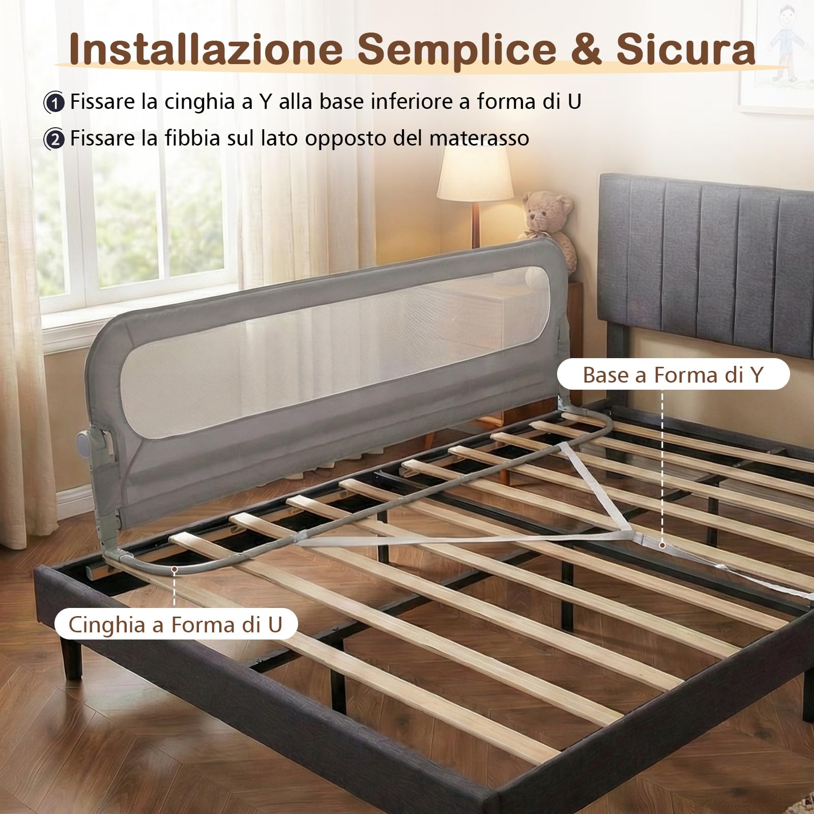 COSTWAY Sponda Letto per Bambini 80/120/150/180/200 cm, Barriera di Sicurezza per Neonati, Altezza Regolabile a 3 Livelli, Barriera Letto Pieghevole, con Cinghia di Sicurezza (200 cm,Grigio)