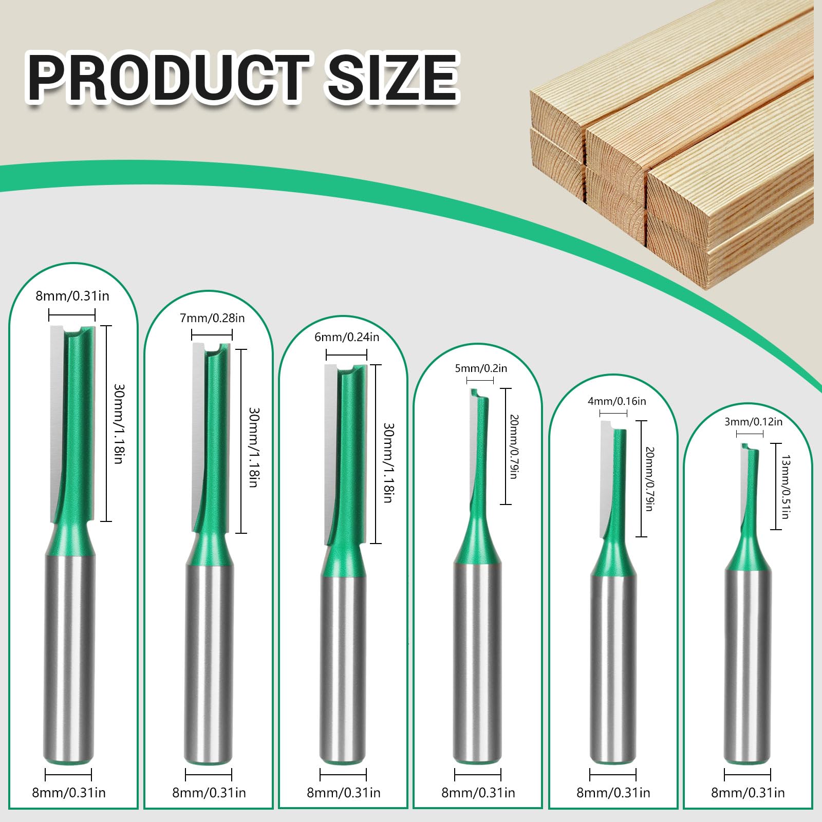 Set 6 Pezzi Frese per Legno a Doppio Flauto, Gambo 8mm per Scanalature Dritte - Fresatrice Verticale,Banco Fresa,per Legno Duro/MDF/Compensato,Accessori Professionali Fai Da Te