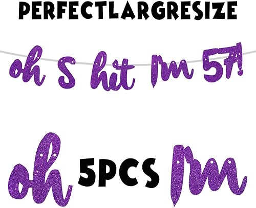 Miniatura 4 de Oh S*it I'm 57! - Pancarta de fondo con purpurina púrpura Hello 57 Cheers to 57 años de edad, decoración temática para niños y niñas, suministros de