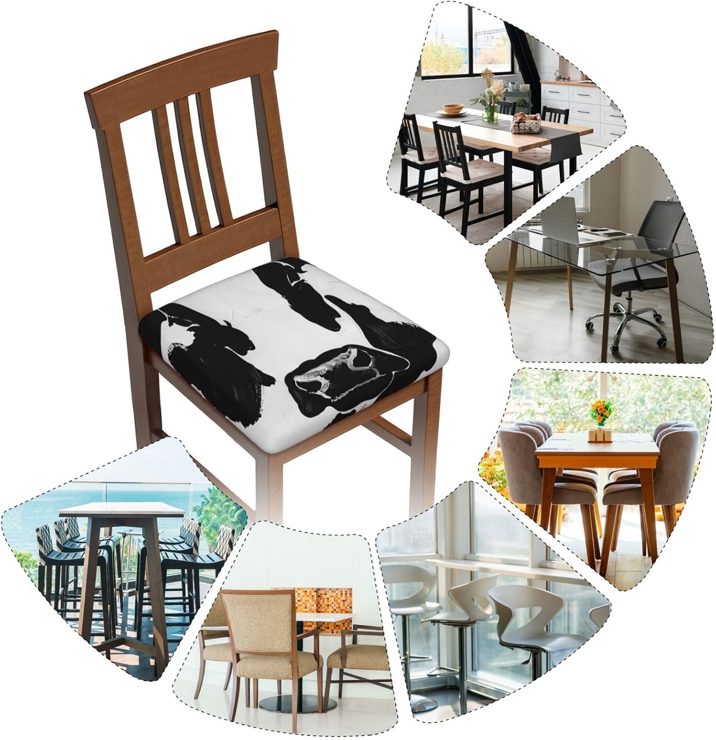 Black and White Cow Print Print Square Cushion Covers 6 Pcs Set Elastic Non-Slip Seat Cushion Slipcovers Pet Furniture Protectors for Chair, Sofa