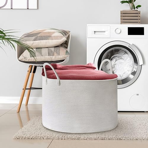 Miniatura 5 de Cesta de almacenamiento extra grande de 20 x 20 x 15 pulgadas, canasta de almacenamiento de manta blanca para sala de estar, canasta organizadora de