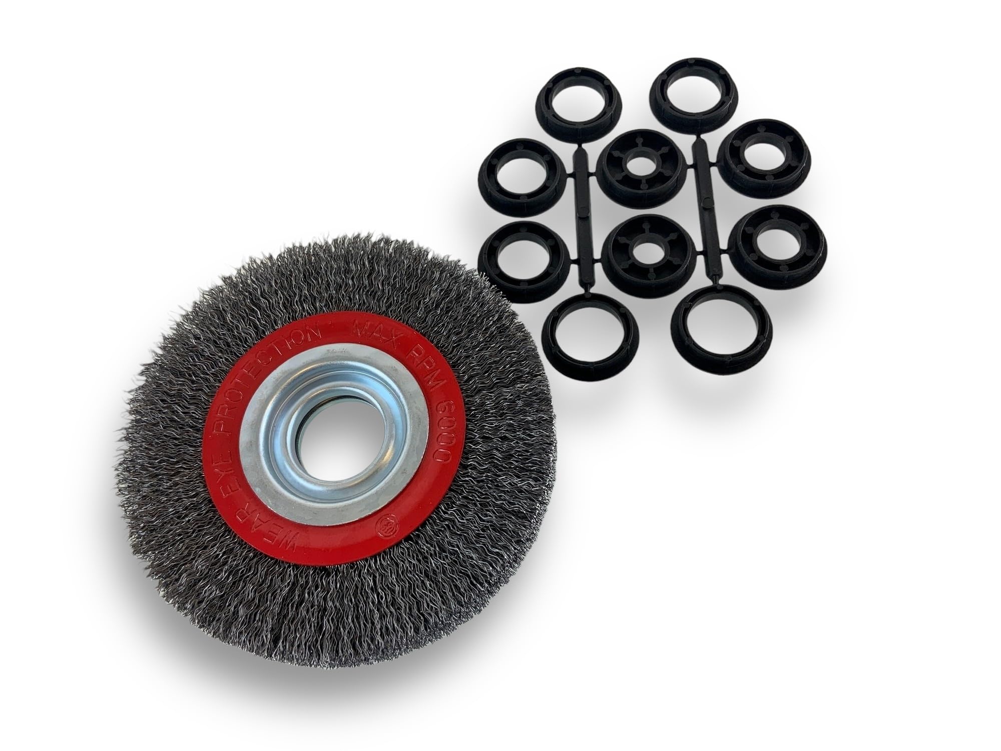 Kibros Brosse circulaire touret acier Ø 150 mm 2 rangs fil dur | Fil dur 0,30 mm ondulé, alésage 32 mm avec réducteurs bague 25/22/20/16/12 mm, pour touret meuleuse affûteuse.