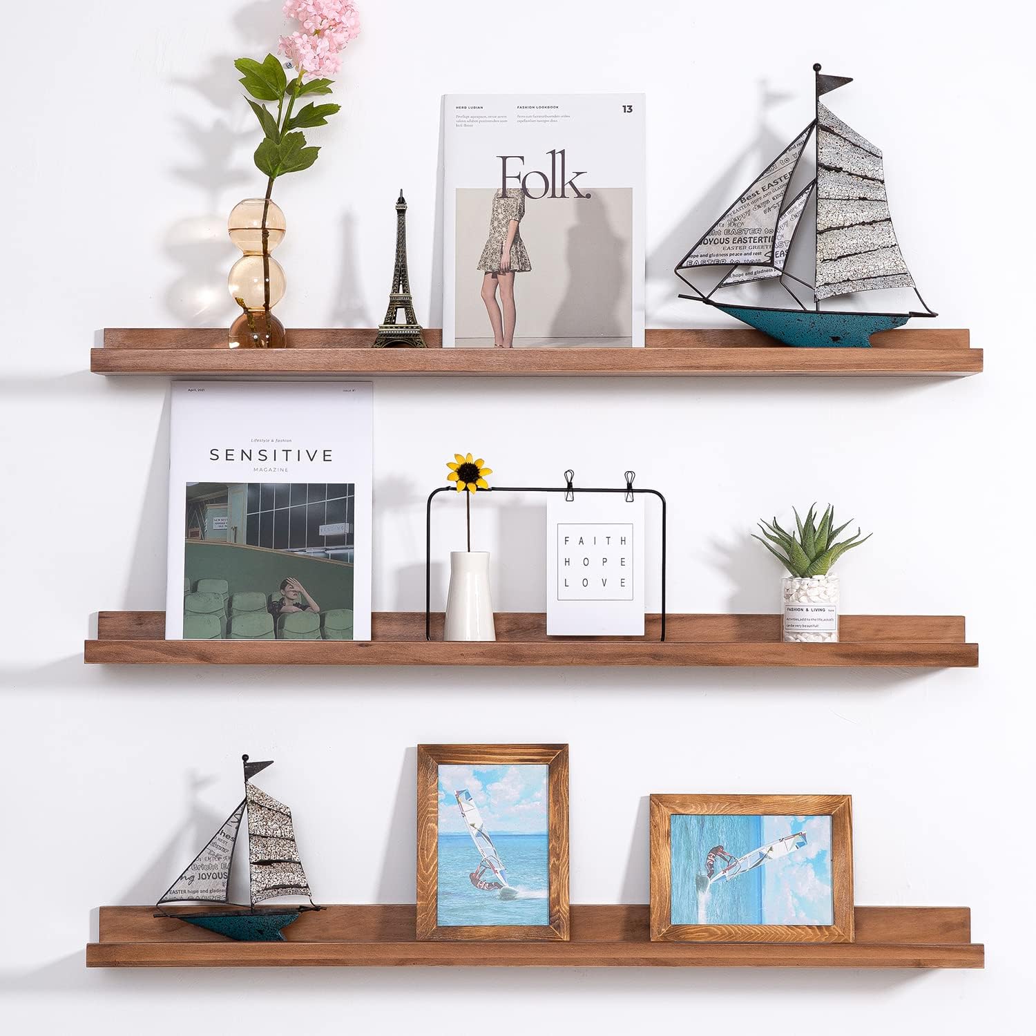 MBYD 48 Inch Wood Photo Picture Ledge Shelf, Light Walnut Wall Floating Nursery Book Shelves, Wall Mount Hanging Display Shelves for Bedroom Office Bathroom Living Room Décor, 3 Same Sizes Light Walnut Set of 3 48 in