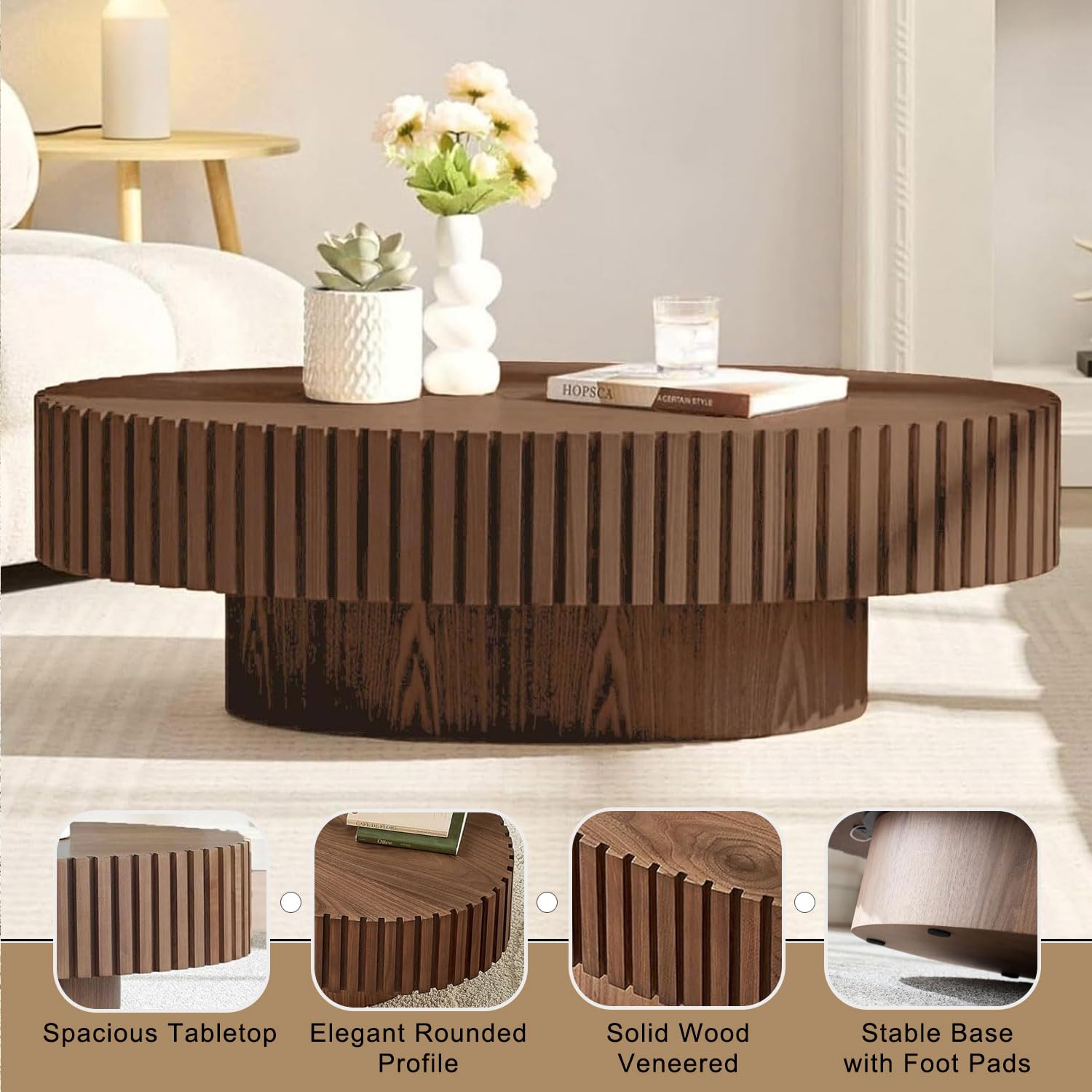 110 cm Mesa de Centro Ovalada, Nogal | Diseño de Madera Estriada, Moderno de Mediados de Siglo - Mesa Central para Salón, Apartamento - Montaje Sencillo