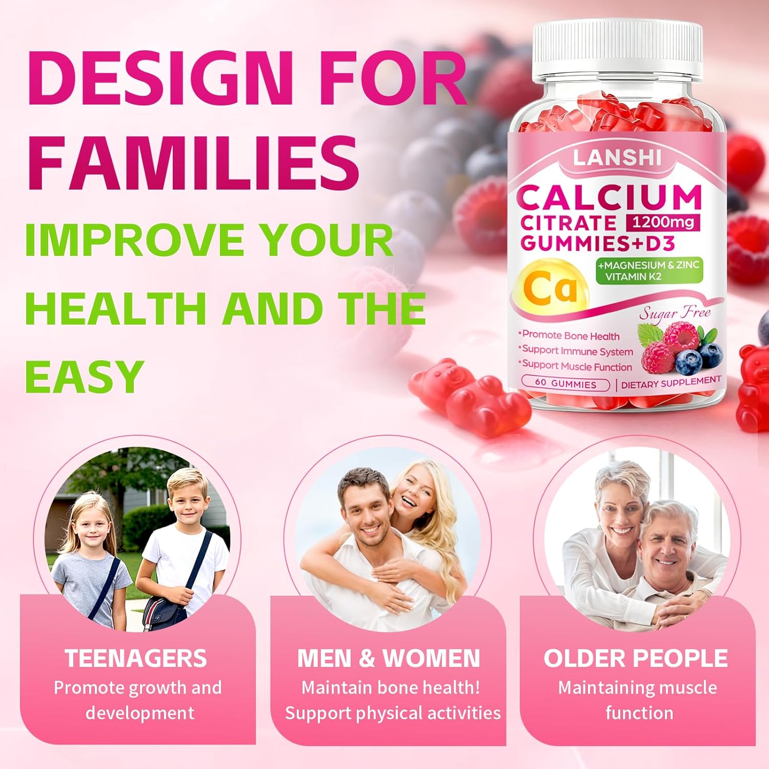 Calcium Citrate Gummies 1200mg with Vitamin D3 & K2 Supplements for Women & Men, High Absorption Calcium Gummies Plus Magnesium, Zinc for Strong Bones & Immune Support Mixed Berry Flavor, 2 Pack