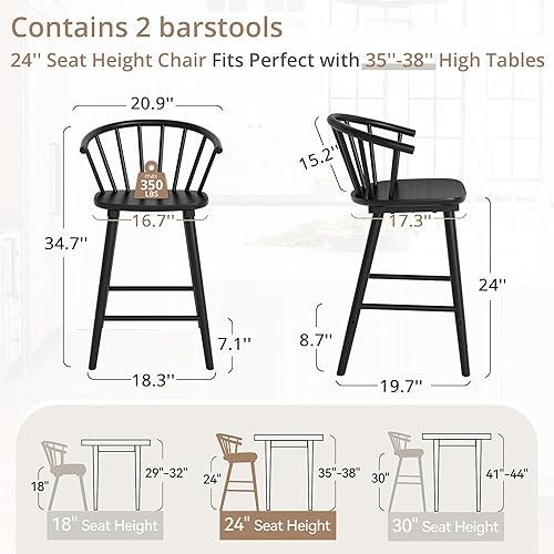 Miniatura 2 de LUE BONA Bar Stools Set of 2, Black Farmhouse Barstools with Semicircular Backrest, Mid Century Modern Counter Height Bar Stools for Kitchen Island,