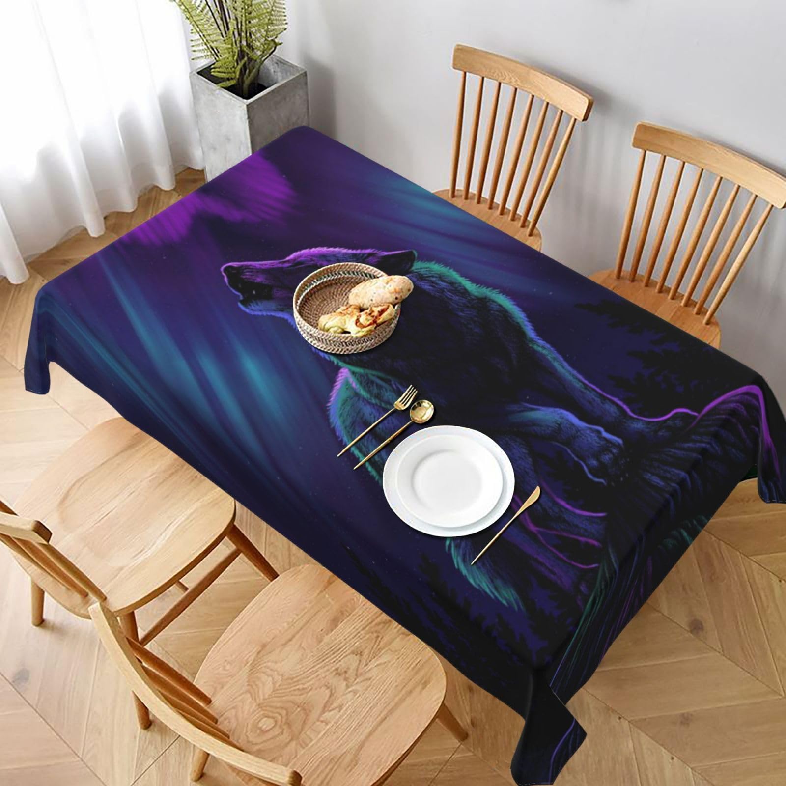 BNVSADC Wolves Howl in the Northern Lights Printed Rectangle Tablecloth 228x152 CM, Water Resistant Polyester Table Cloth Decorative Fabric Table Covers for Kitchen Dining Table Parties Camping