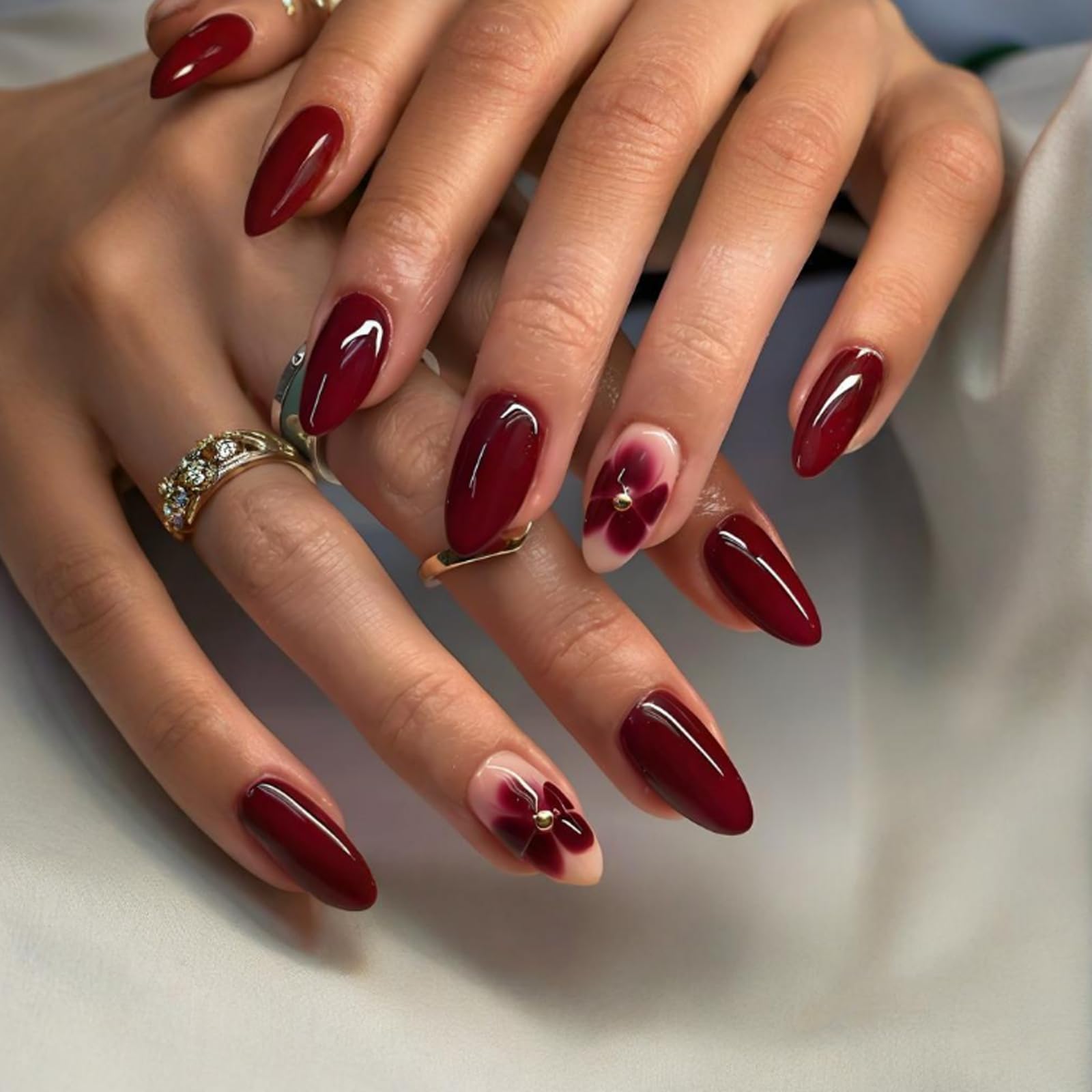 Burgundy Red Stiletto Press On Nails, 24Pcs Glossy Mirror Finish Floral Art Medium Length False Nails Kit for Women Parties