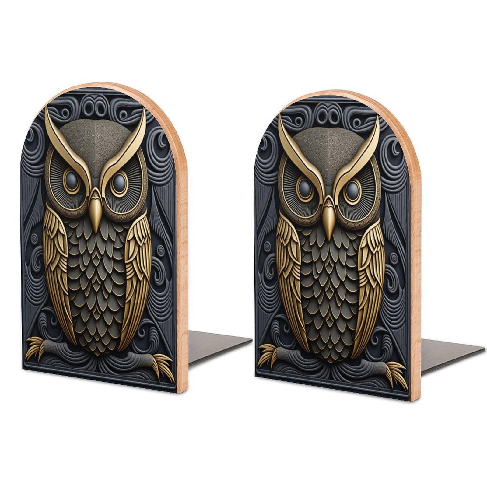 Golden Carved Owl Solid Beech Wood Bookends, Decorative Book Ends for Shelves, Non-Skid Desktop Book Organizer for Home Office, Library Decor (1 Pair, 4.7" X 6.7")