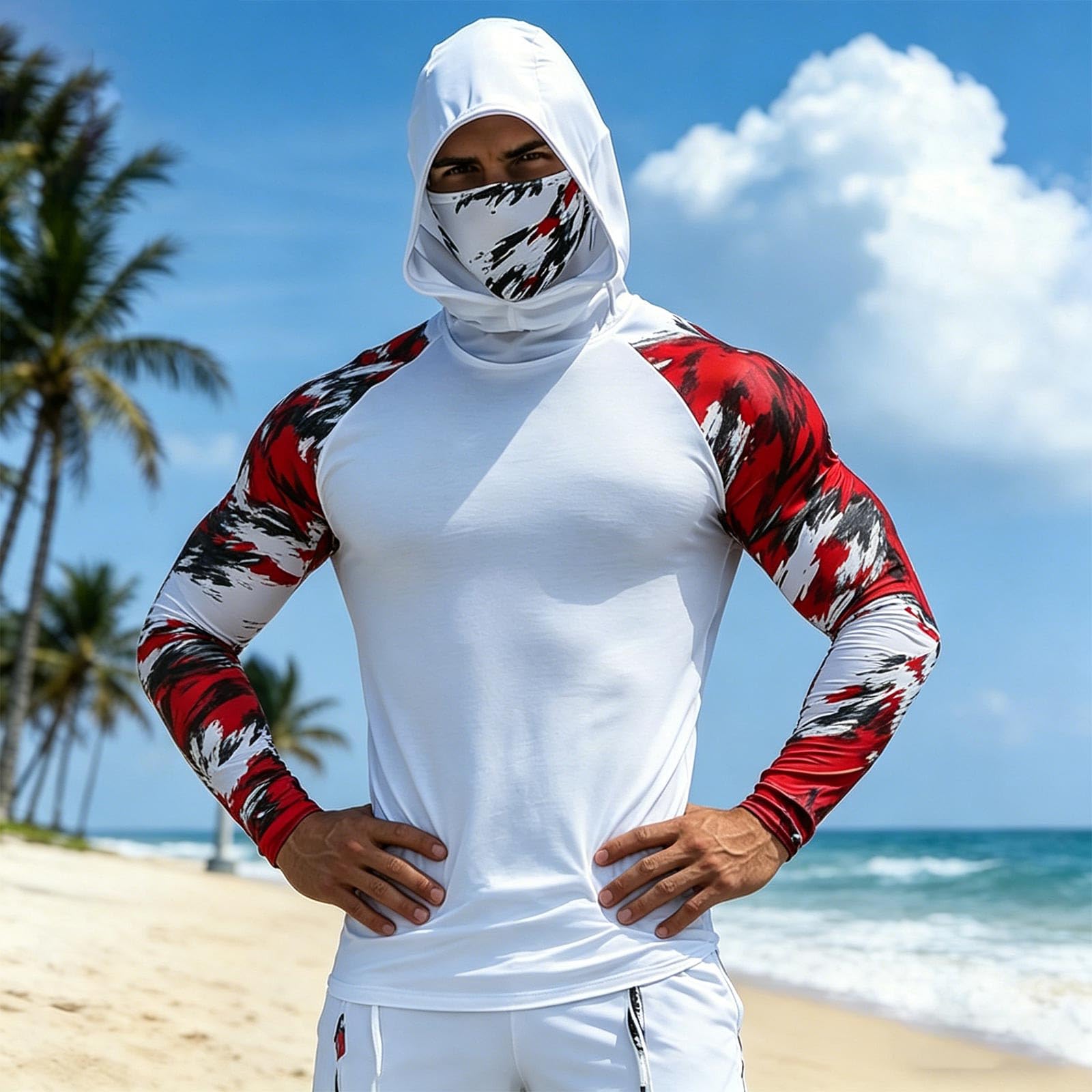 UPF 50+ Hoodie Herren Langarm Rashguard Atmungsaktive UV Shirt mit Kapuze Maske Langarmshirt Sommer Druck Kapuzenshirt Sonnenschutz Schnelltrocknend Funktionsshirt Männer Schutzkleidung S-3XL